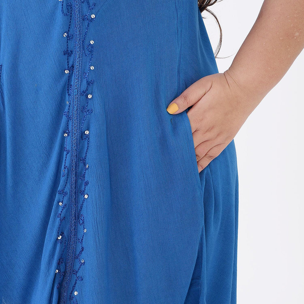 Summer Closeout - Tamsy 100% Viscose Sequin Floral Embroidery Umbrella Dress (One Size 8-18) - Ocean Blue