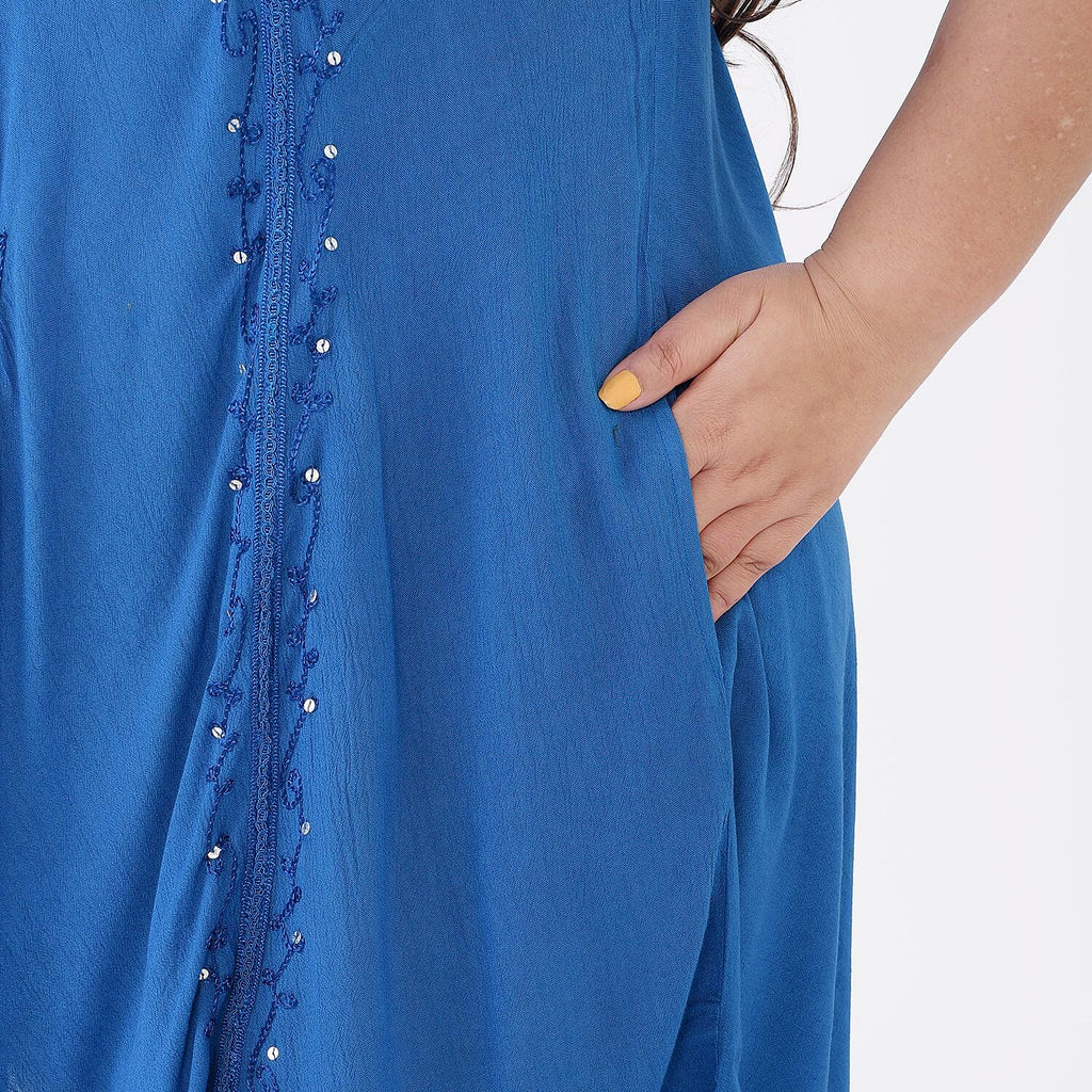 Summer Closeout - Tamsy 100% Viscose Sequin Floral Embroidery Umbrella Dress (One Size 8-18) - Ocean Blue