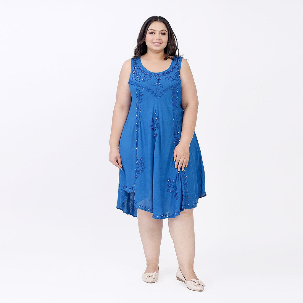 Summer Closeout - TAMSY 100% Viscose Sequin Floral Embroidery Dress (One Size Curve 20 - 26) - Ocean Blue