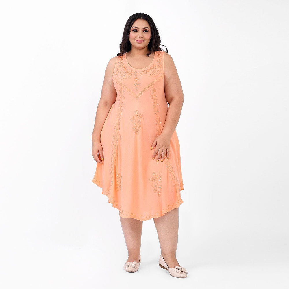 100% Viscose Sequin Embroidered Umbrella Dress with Pockets (One Size, 8-18) - Peach