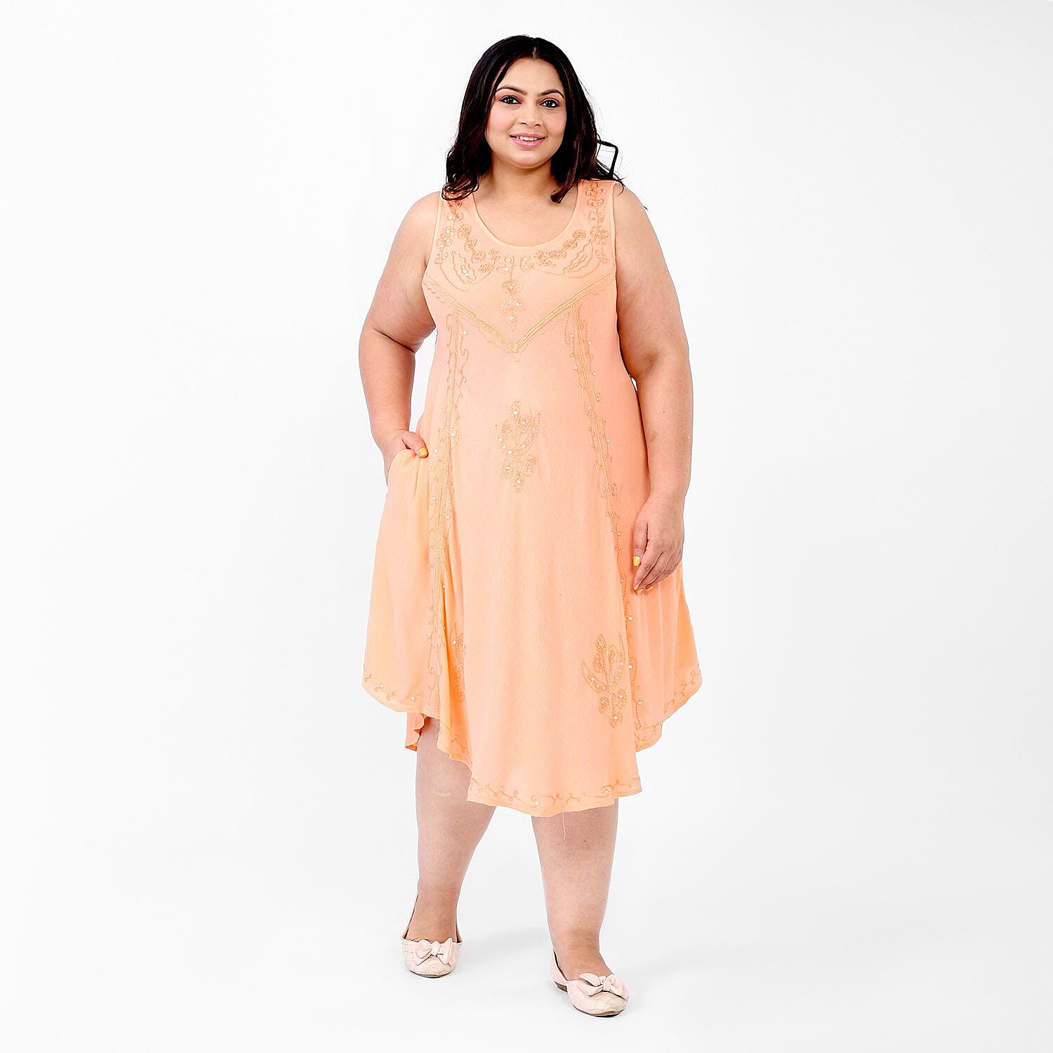 100% Viscose Sequin Embroidered Umbrella Dress with Pockets (One Size, 8-18) - Peach