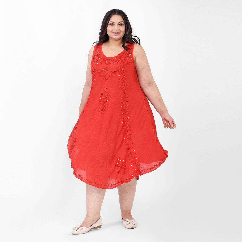 TAMSY 100% Viscose Sequin Floral Embroidery Dress (One Size Curve 20 - 28) - Red