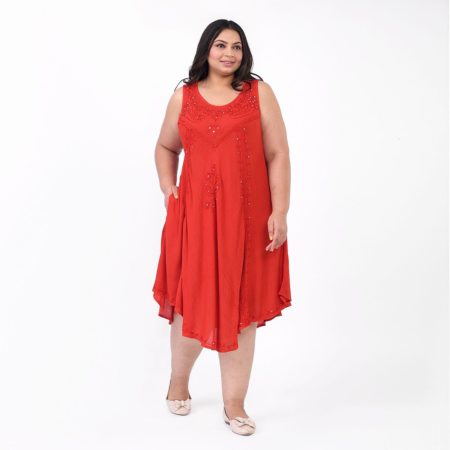 TAMSY 100% Viscose Sequin Floral Embroidery Dress (One Size Curve 20 - 28) - Red