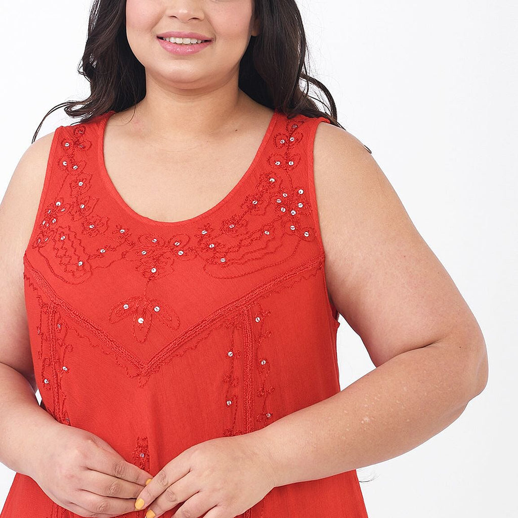TAMSY 100% Viscose Sequin Floral Embroidery Dress (One Size Curve 20 - 28) - Red