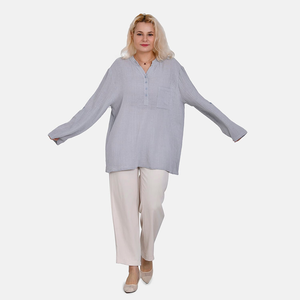 La Marey Cotton Blend 3-4 Sleeve Button Down Blouse (Size XL) - Grey