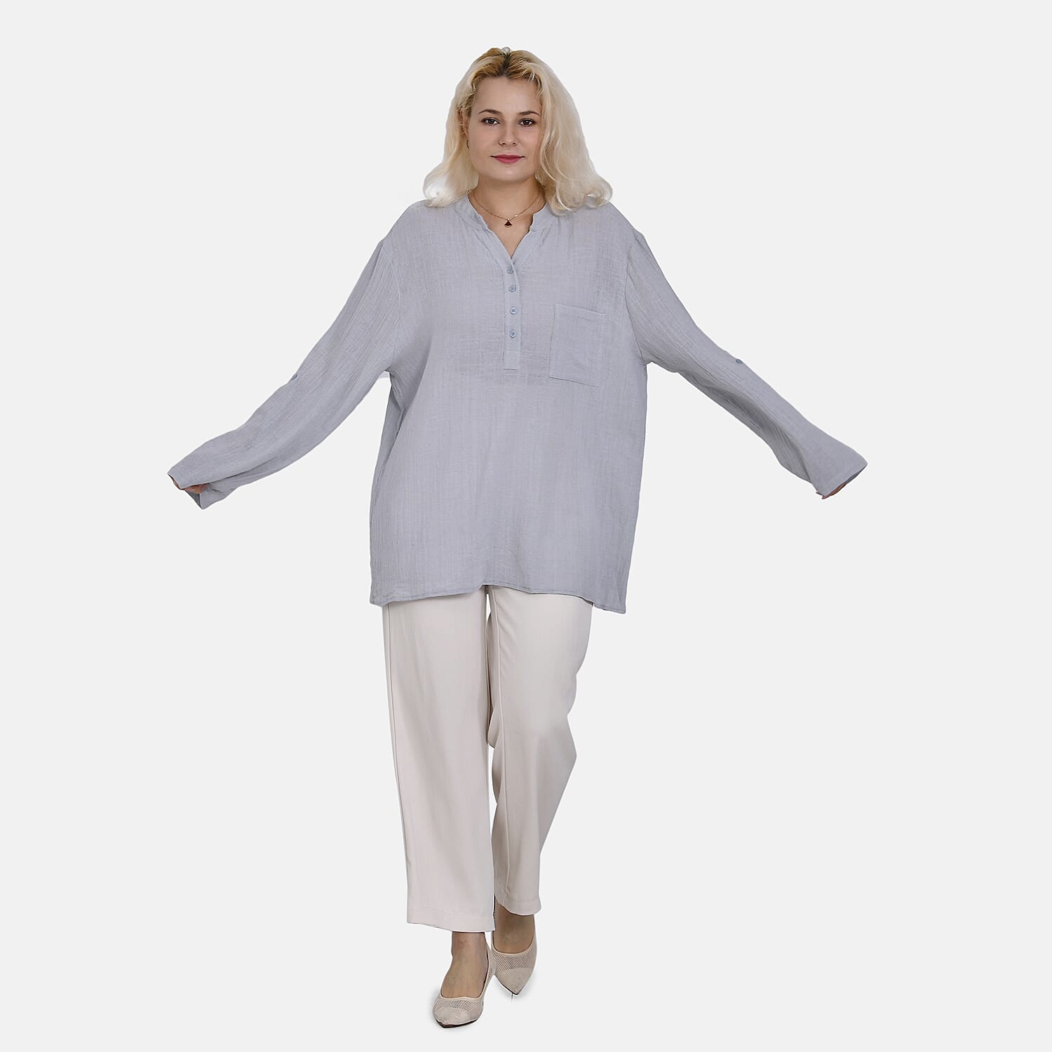 La Marey Cotton Blend 3-4 Sleeve Button Down Blouse (Size XL) - Grey