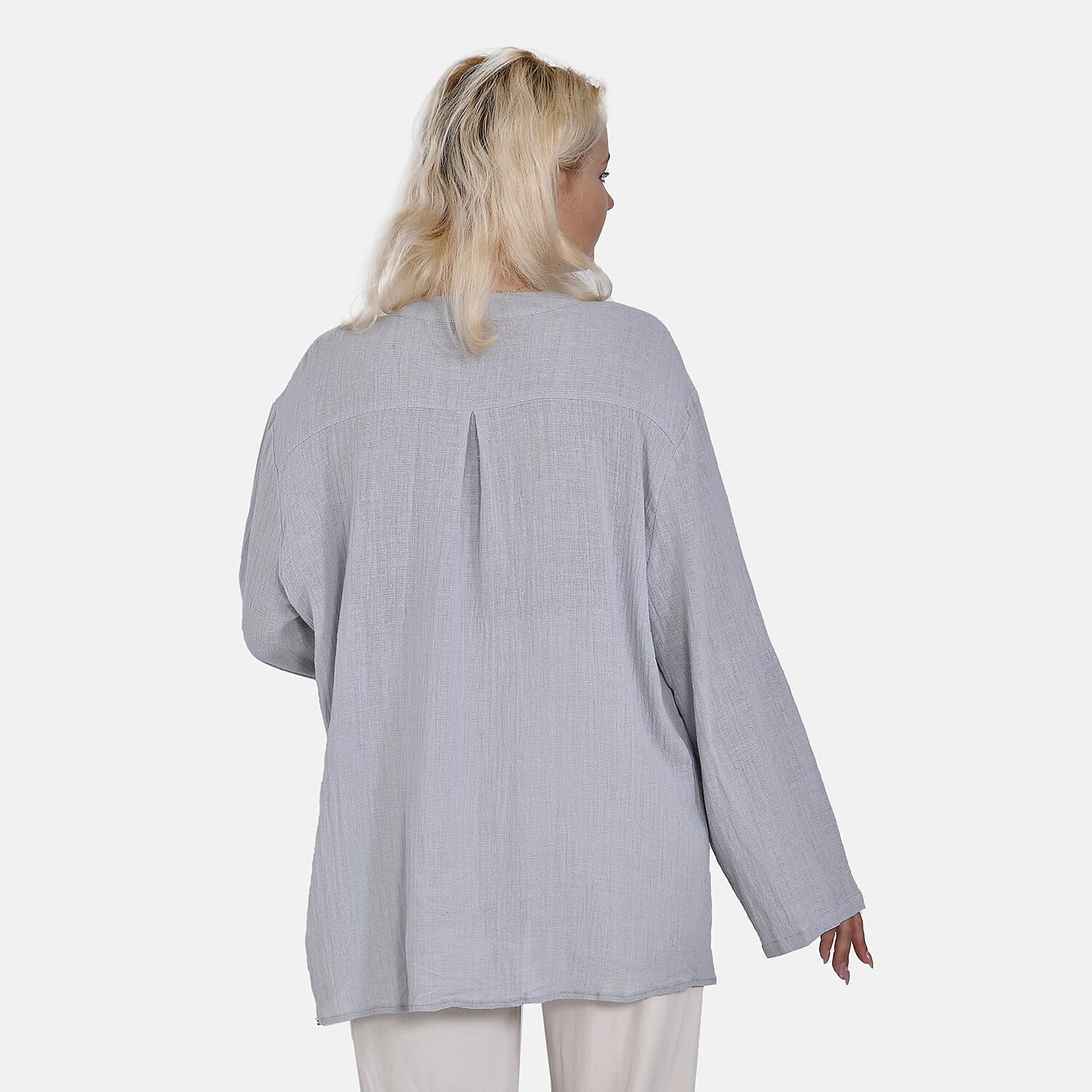 La Marey Cotton Blend 3-4 Sleeve Button Down Blouse (Size XL) - Grey