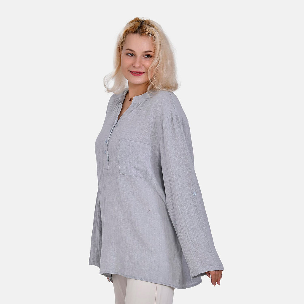La Marey Cotton Blend 3-4 Sleeve Button Down Blouse (Size XL) - Grey
