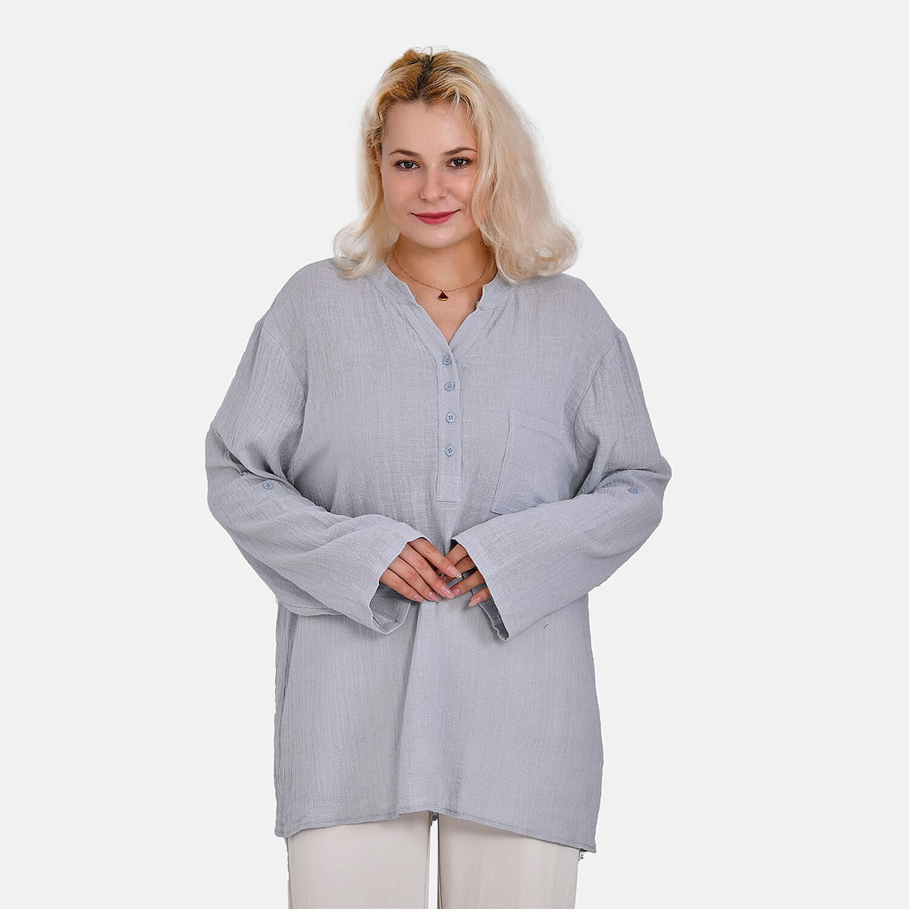 La Marey Cotton Blend 3-4 Sleeve Button Down Blouse (Size XL) - Grey