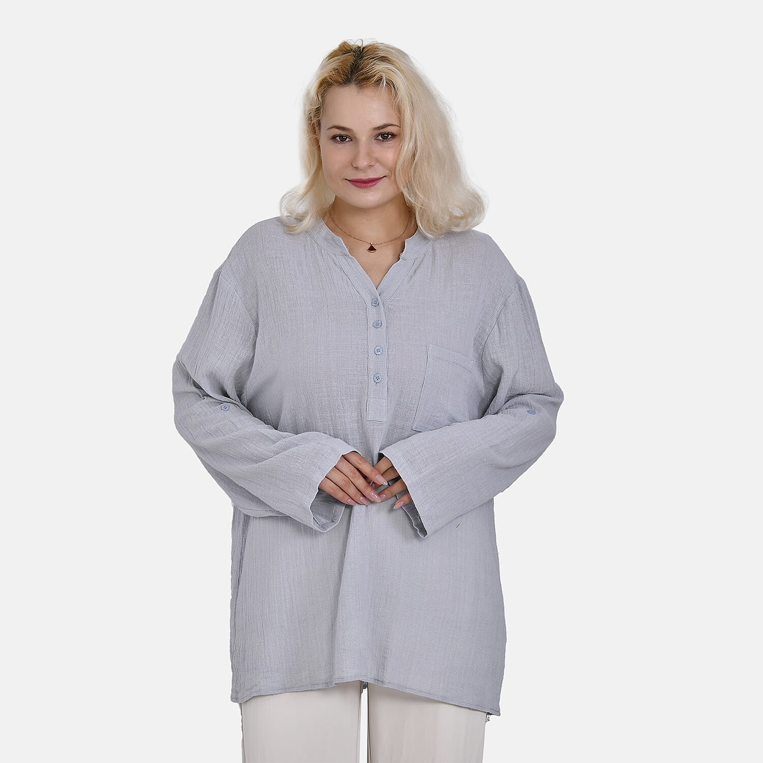 La Marey Cotton Blend 3-4 Sleeve Button Down Blouse (Size XL) - Grey