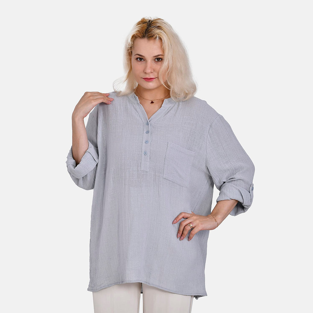 La Marey Cotton Blend 3-4 Sleeve Button Down Blouse (Size XL) - Grey