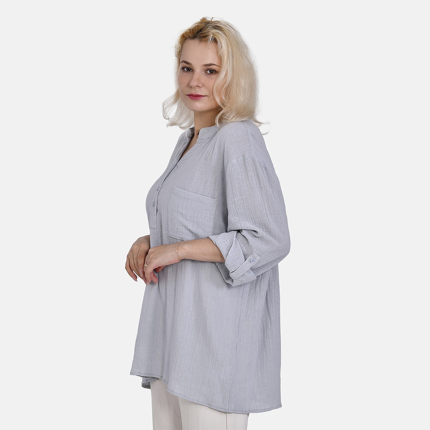 La Marey Cotton Blend 3-4 Sleeve Button Down Blouse (Size XL) - Grey