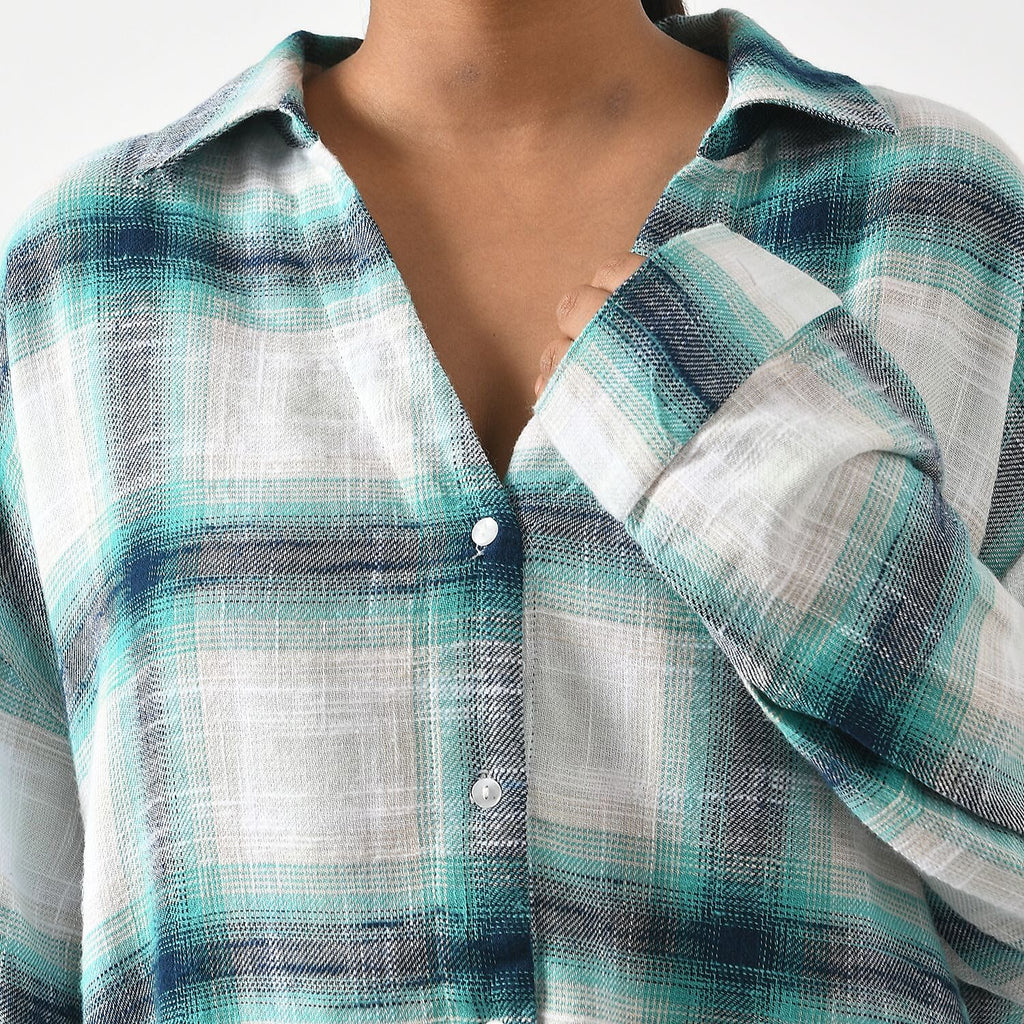 LA MAREY 100% Cotton Y-D Check Pattern With Side Two Pocket Shirt  (Size XL 20 - 22) - Green