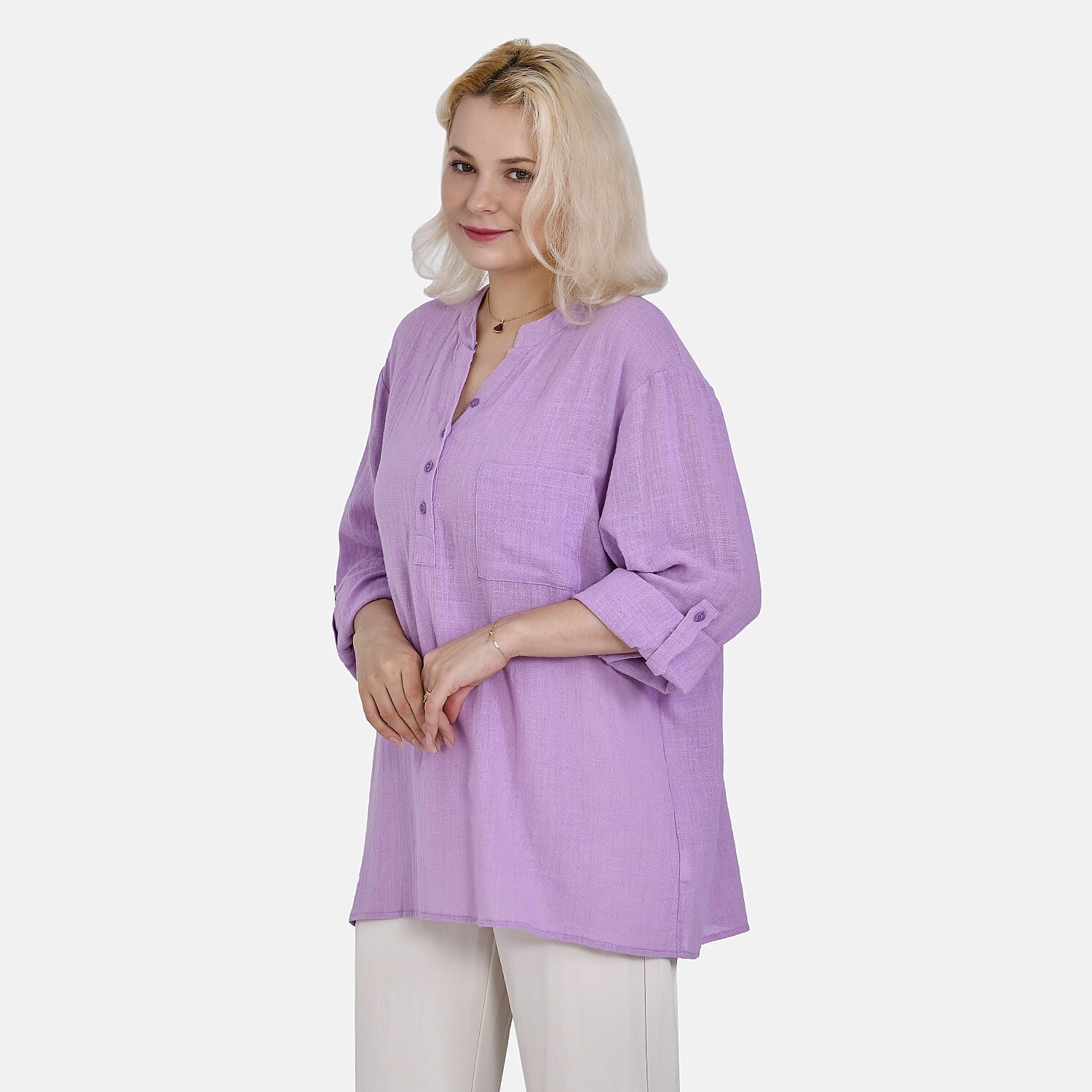 La Marey Cotton Blend 3-4 Sleeve Button Down Blouse (Size XL) - Purple