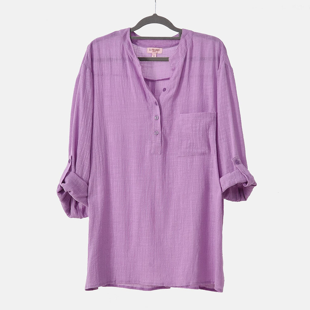 La Marey Cotton Blend 3-4 Sleeve Button Down Blouse (Size XL) - Purple
