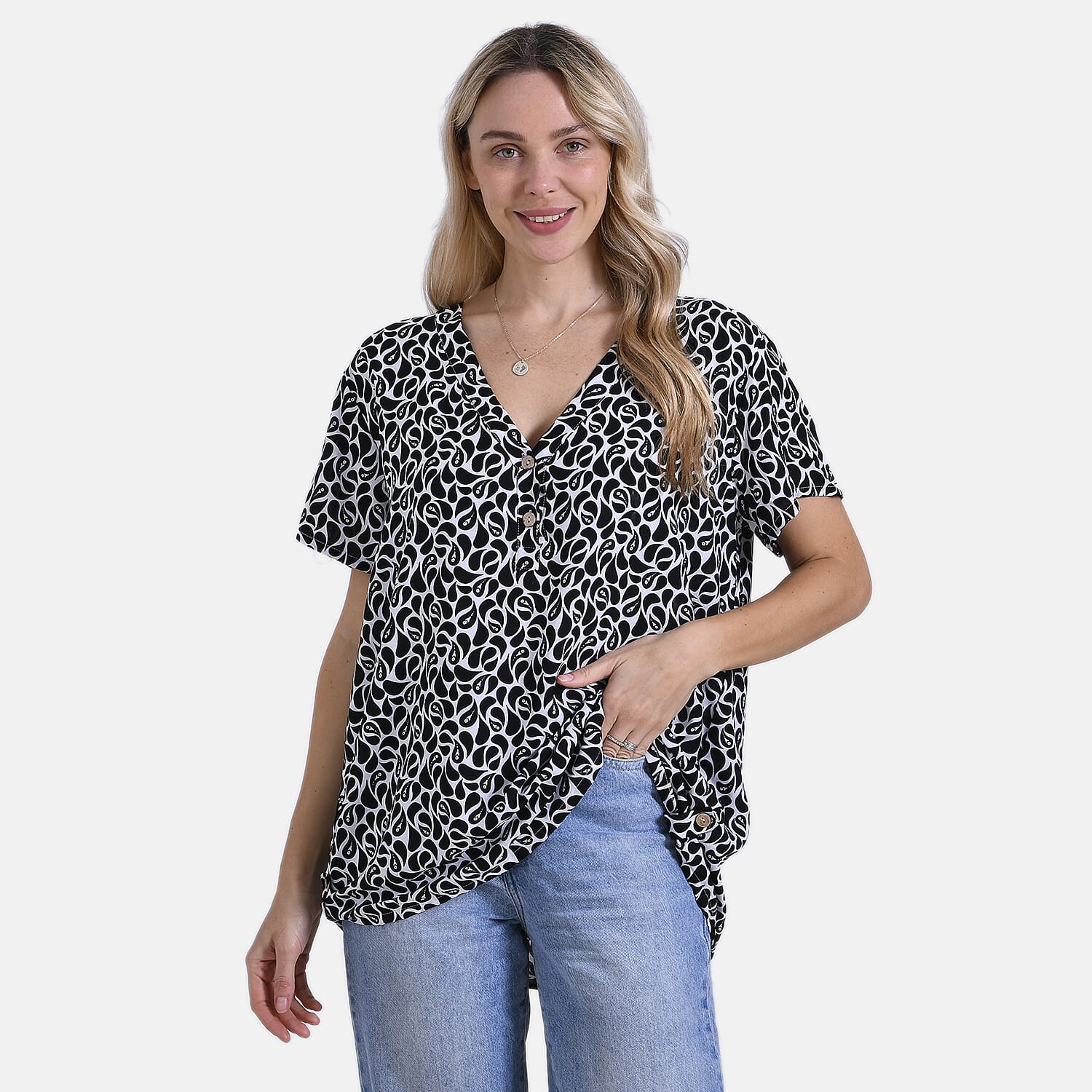 Tamsy Short Frill Sleeve V-Neck Relaxed fit Blouse (Size L-XL) - White & Black