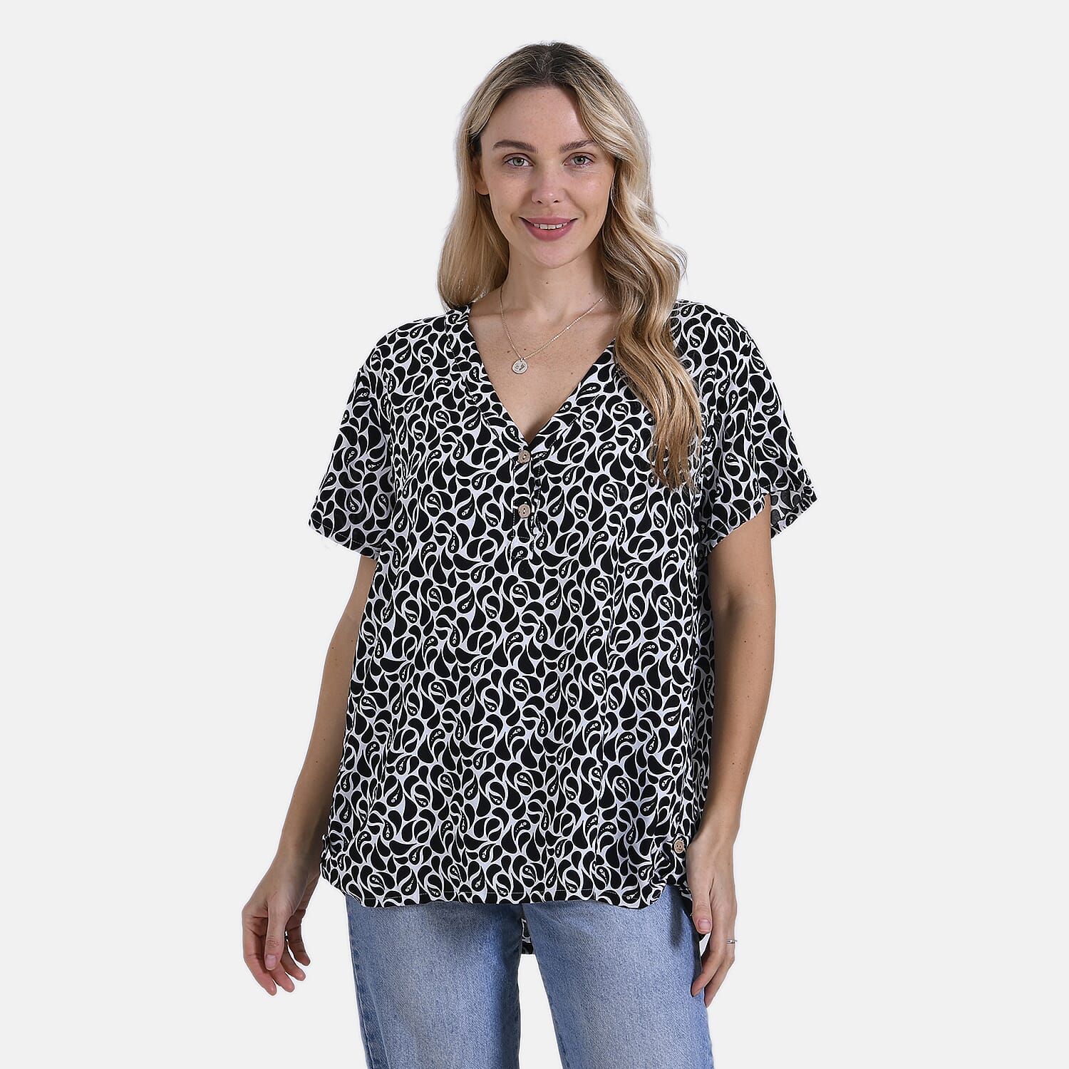 Tamsy Short Frill Sleeve V-Neck Relaxed fit Blouse (Size L-XL) - White & Black