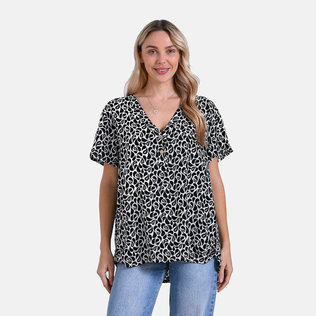 Tamsy Short Frill Sleeve V-Neck Relaxed fit Blouse (Size S-M) - White & Black