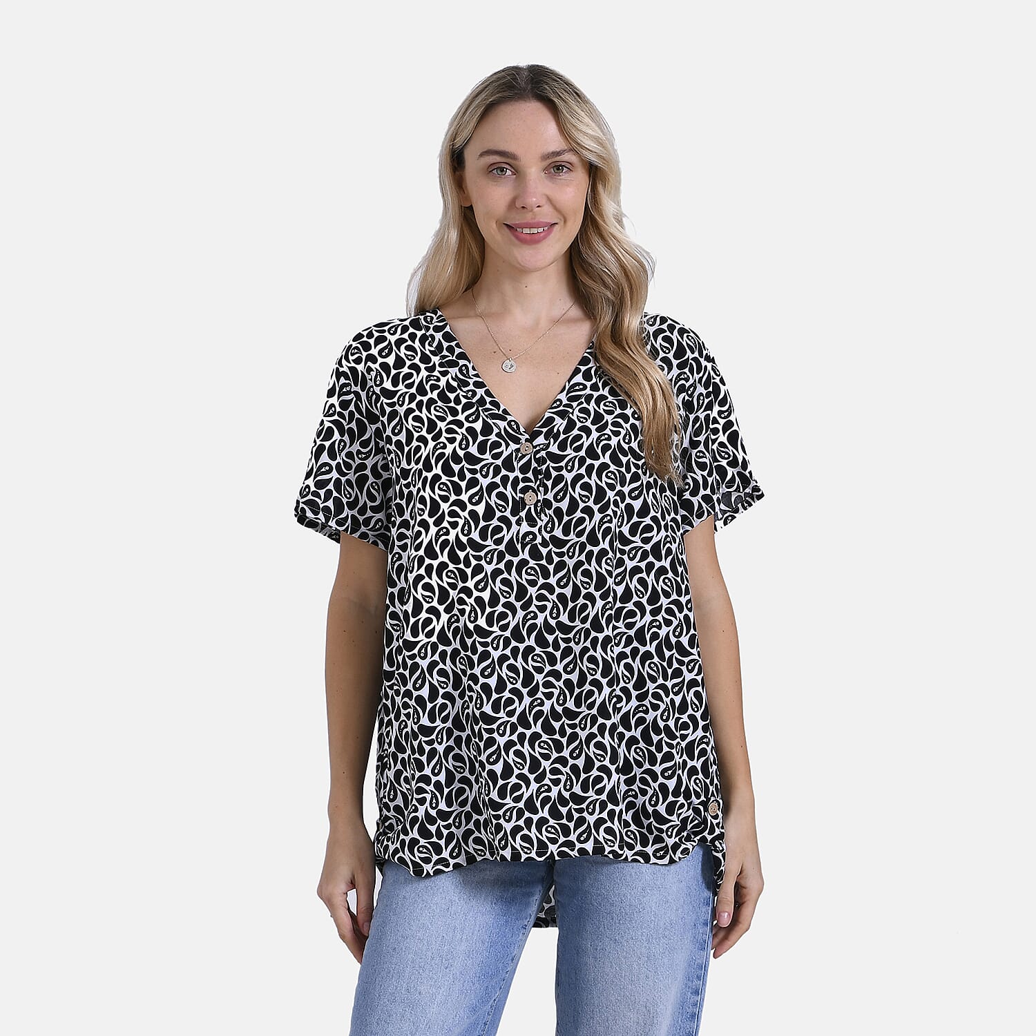 Tamsy Short Frill Sleeve V-Neck Relaxed fit Blouse (Size S-M) - White & Black