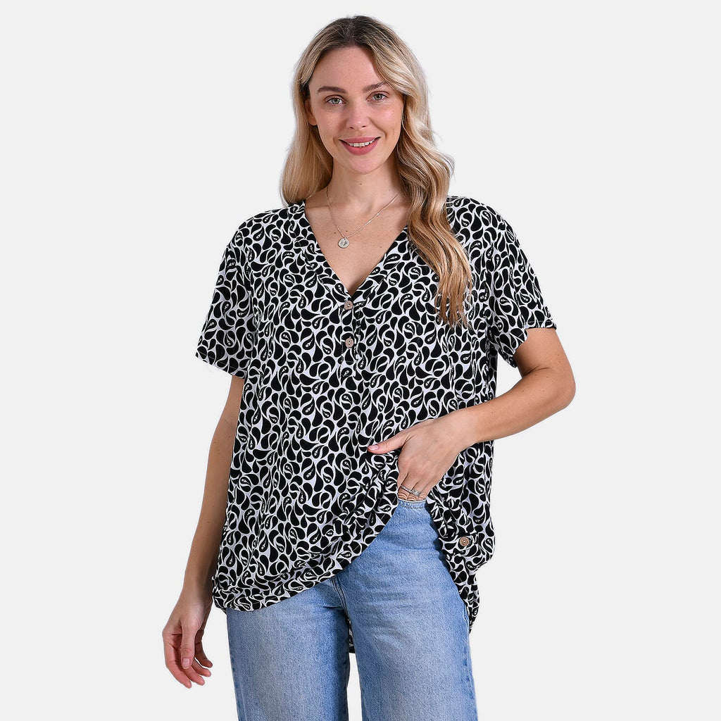 Tamsy Short Frill Sleeve V-Neck Relaxed fit Blouse (Size S-M) - White & Black