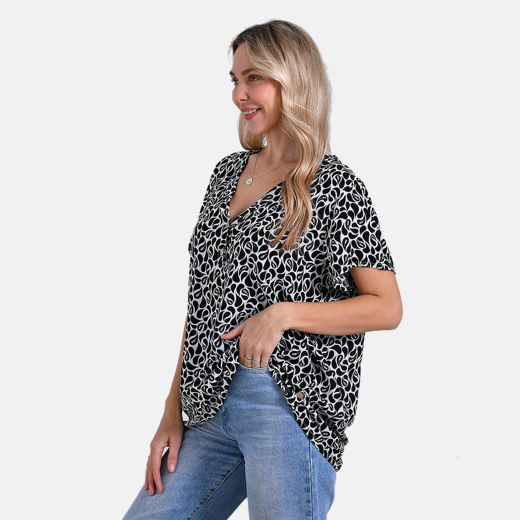 Tamsy Short Frill Sleeve V-Neck Relaxed fit Blouse (Size S-M) - White & Black
