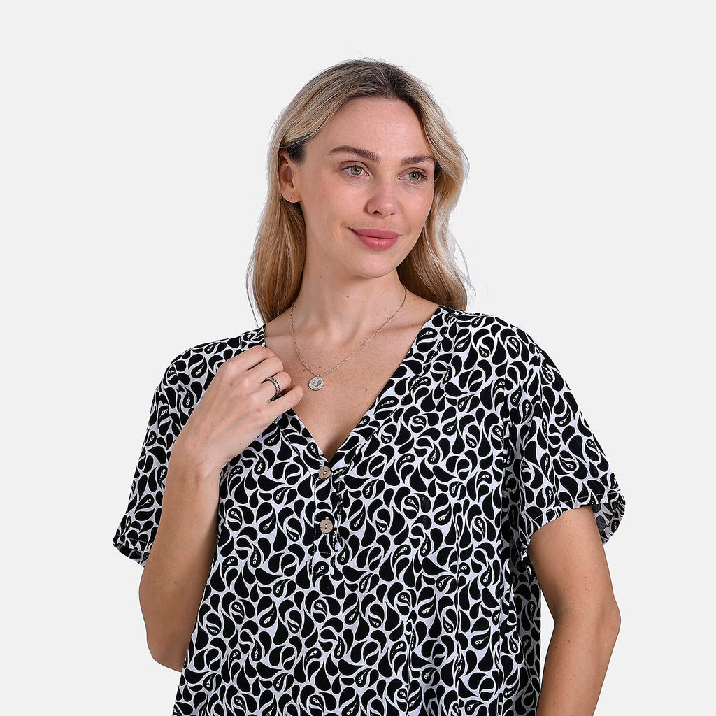 Tamsy Short Frill Sleeve V-Neck Relaxed fit Blouse (Size S-M) - White & Black