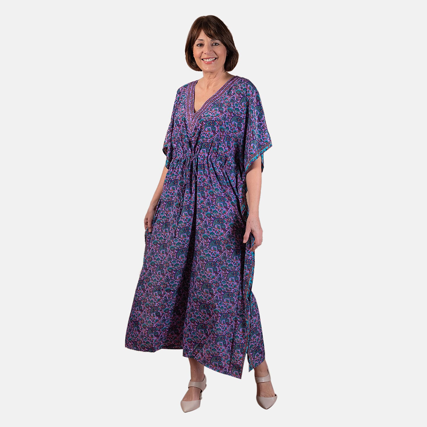 Tamsy Silk Like Floral with Paisley Print Embroidered Dress (One Size, 8-18) - Pink