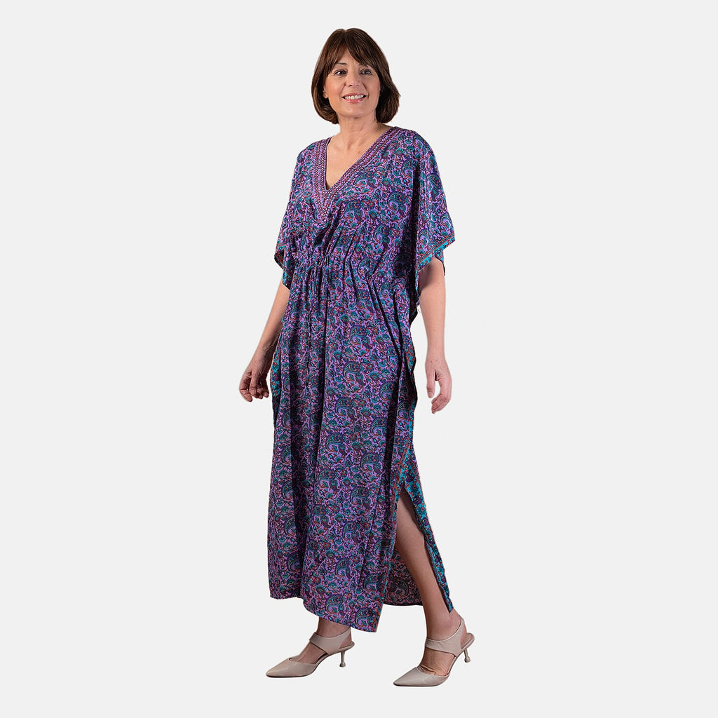 Tamsy Silk Like Floral with Paisley Print Embroidered Dress (One Size, 8-18) - Pink