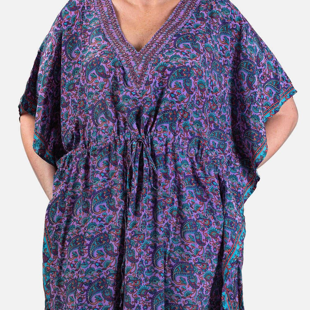 Tamsy Silk Like Floral with Paisley Print Embroidered Dress (One Size, 8-18) - Pink