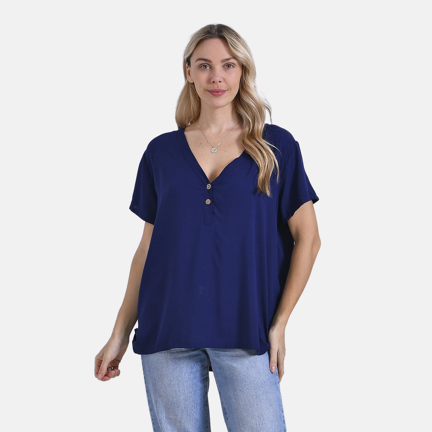 Tamsy Short Frill Sleeve V-Neck Relaxed fit Blouse (Size L-XL) - Blue
