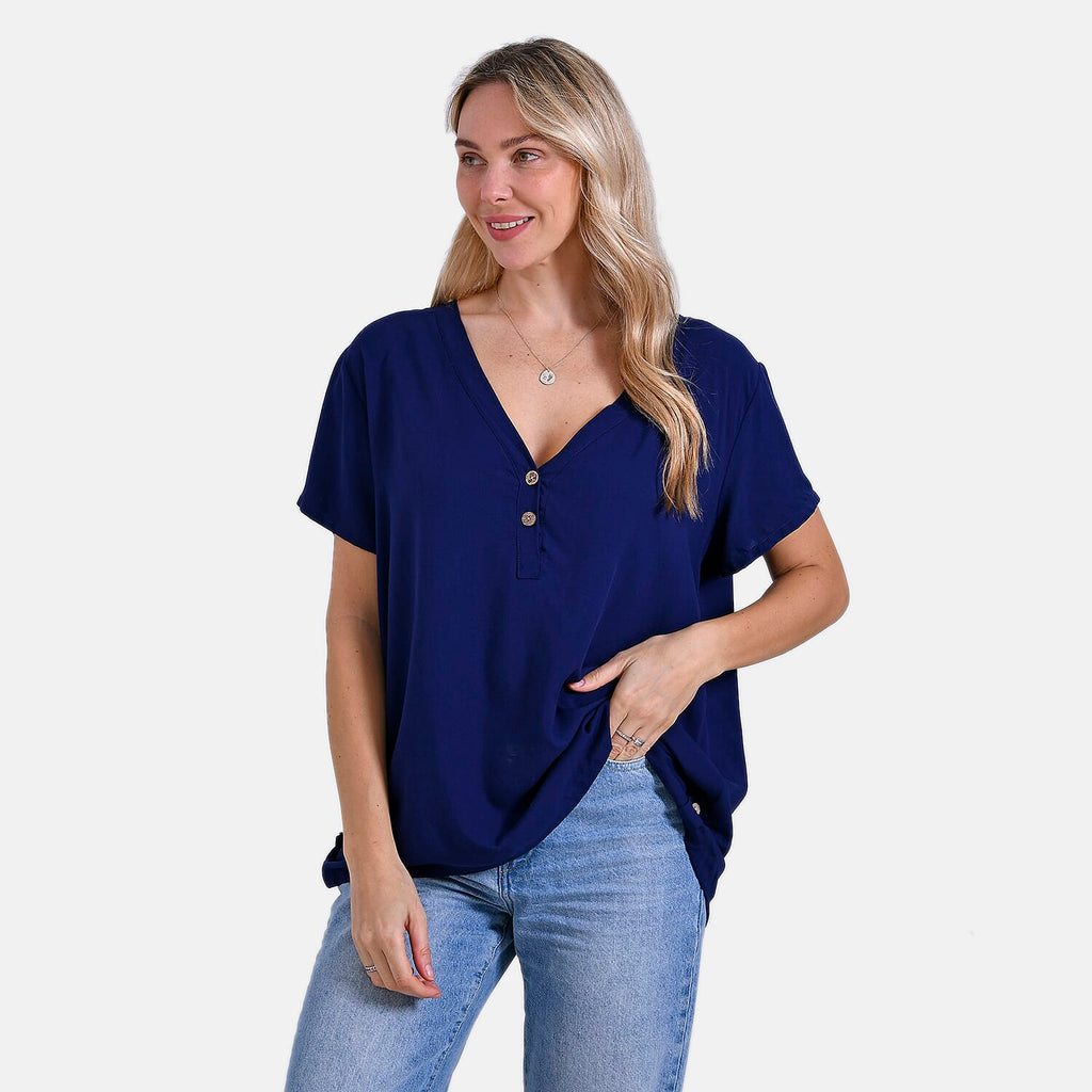 Tamsy Short Frill Sleeve V-Neck Relaxed fit Blouse (Size L-XL) - Blue