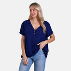 Tamsy Short Frill Sleeve V-Neck Relaxed fit Blouse (Size L-XL) - Blue