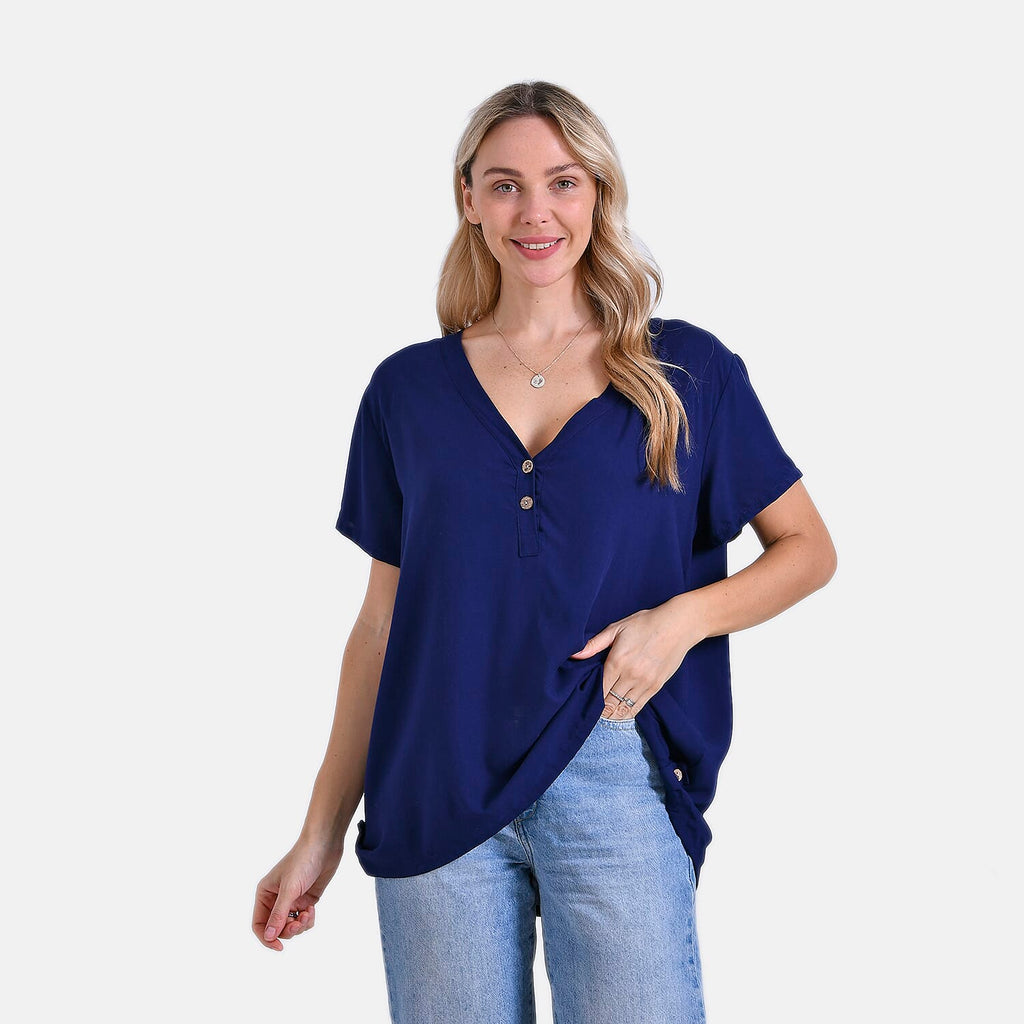 Tamsy Short Frill Sleeve V-Neck Relaxed fit Blouse (Size L-XL) - Blue