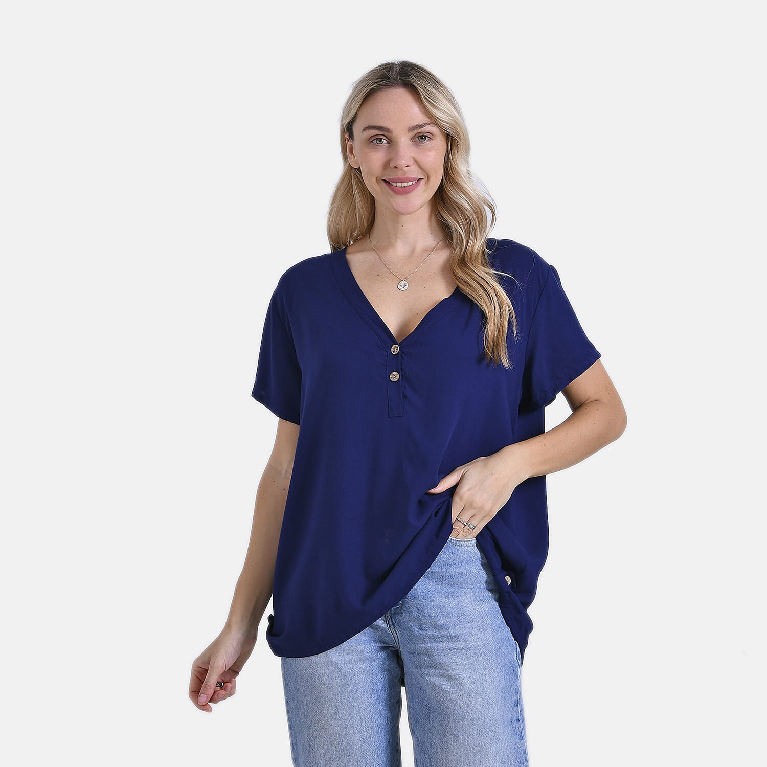 Tamsy Short Frill Sleeve V-Neck Relaxed fit Blouse (Size L-XL) - Blue