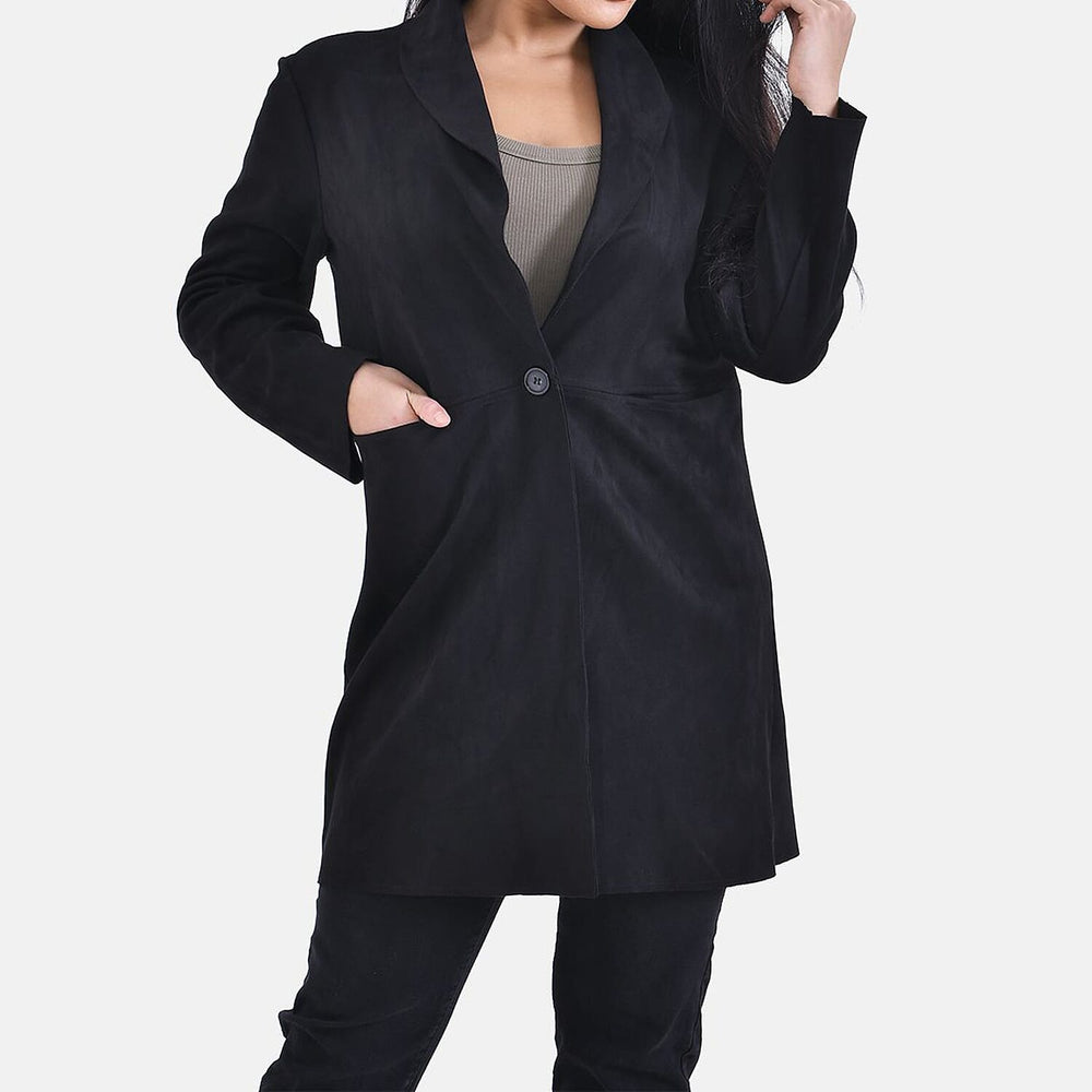 TAMSY Suedette Duster Coat (Size L - 16-18 ) - Black -  CB 35.5in