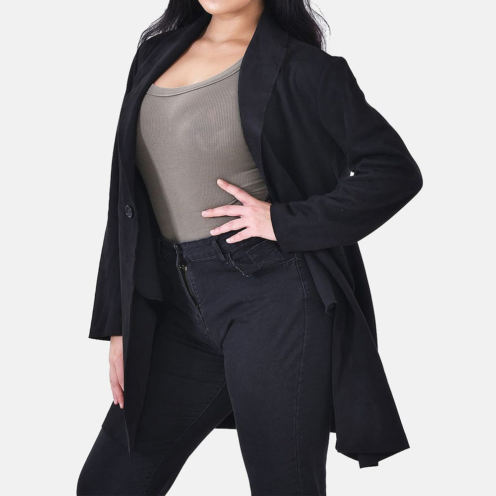 TAMSY Suedette Duster Coat (Size L - 16-18 ) - Black -  CB 35.5in
