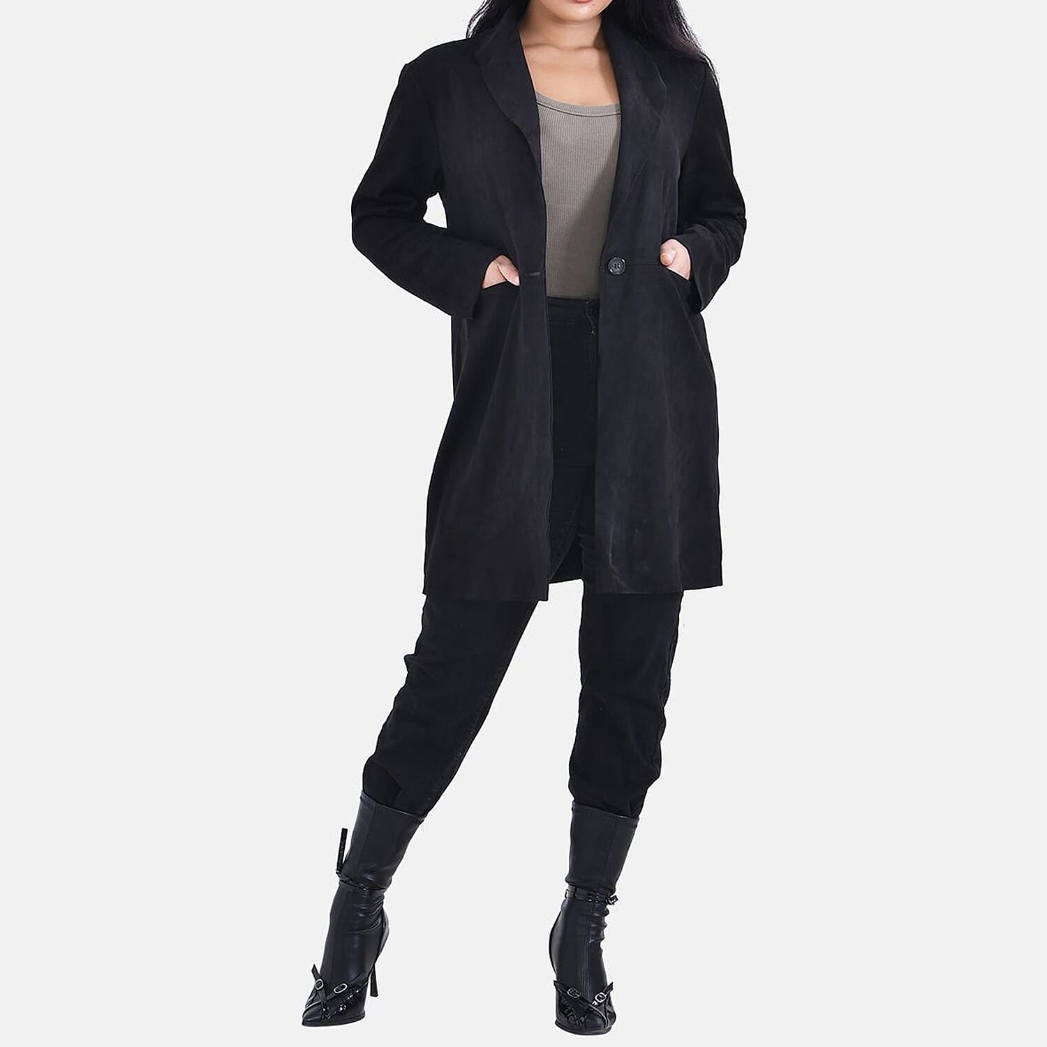 TAMSY Suedette Duster Coat (Size M - 12-14) - Black- CB 35.5in