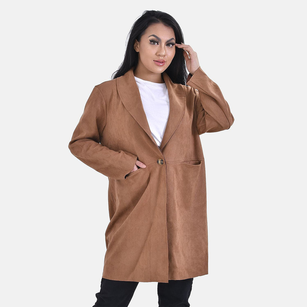 Tamsy Suedette Knitted Duster Coat (Size S) - Camel