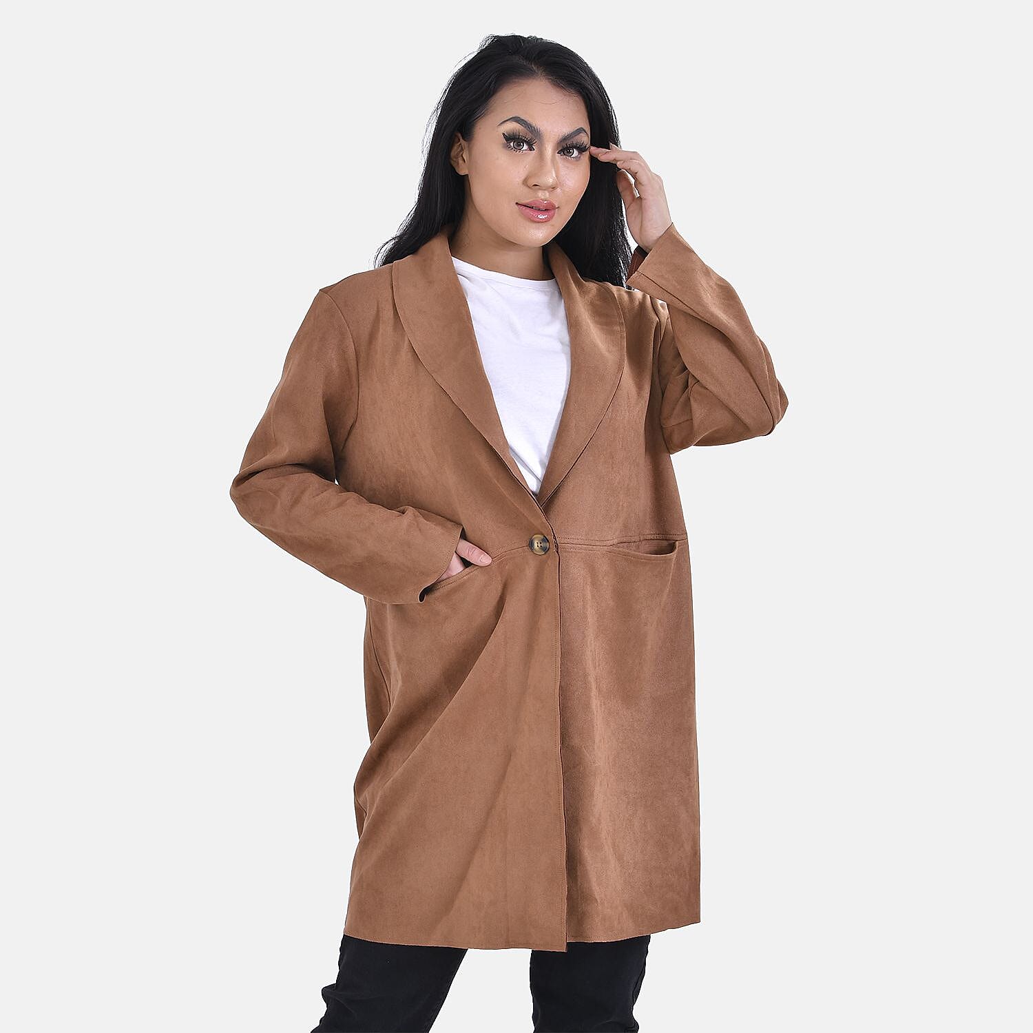 Tamsy Suedette Knitted Duster Coat (Size S) - Camel