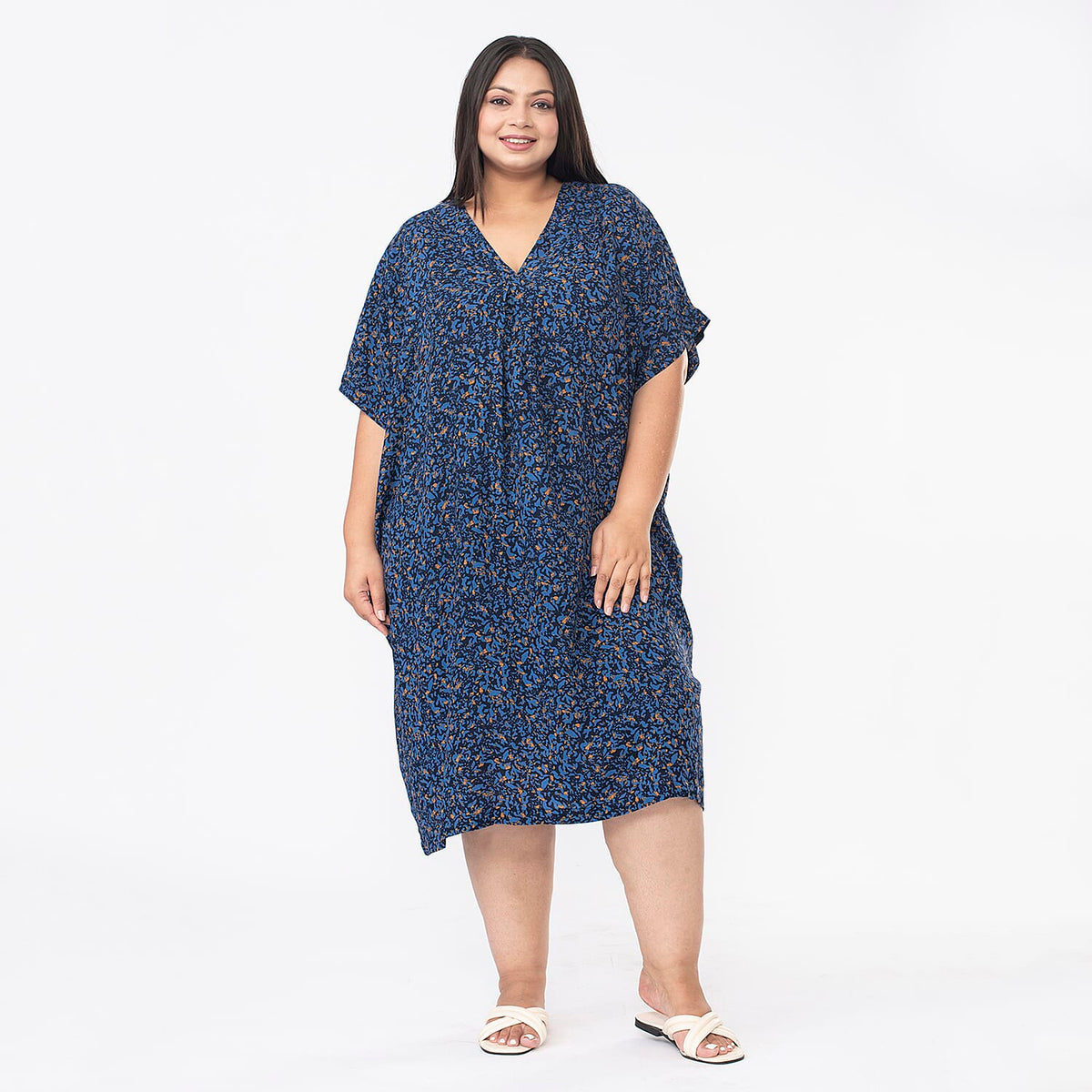 Tamsy V Neck 100% Viscose Kaftan Midi Dress (Curve Size 20-26) - Navy