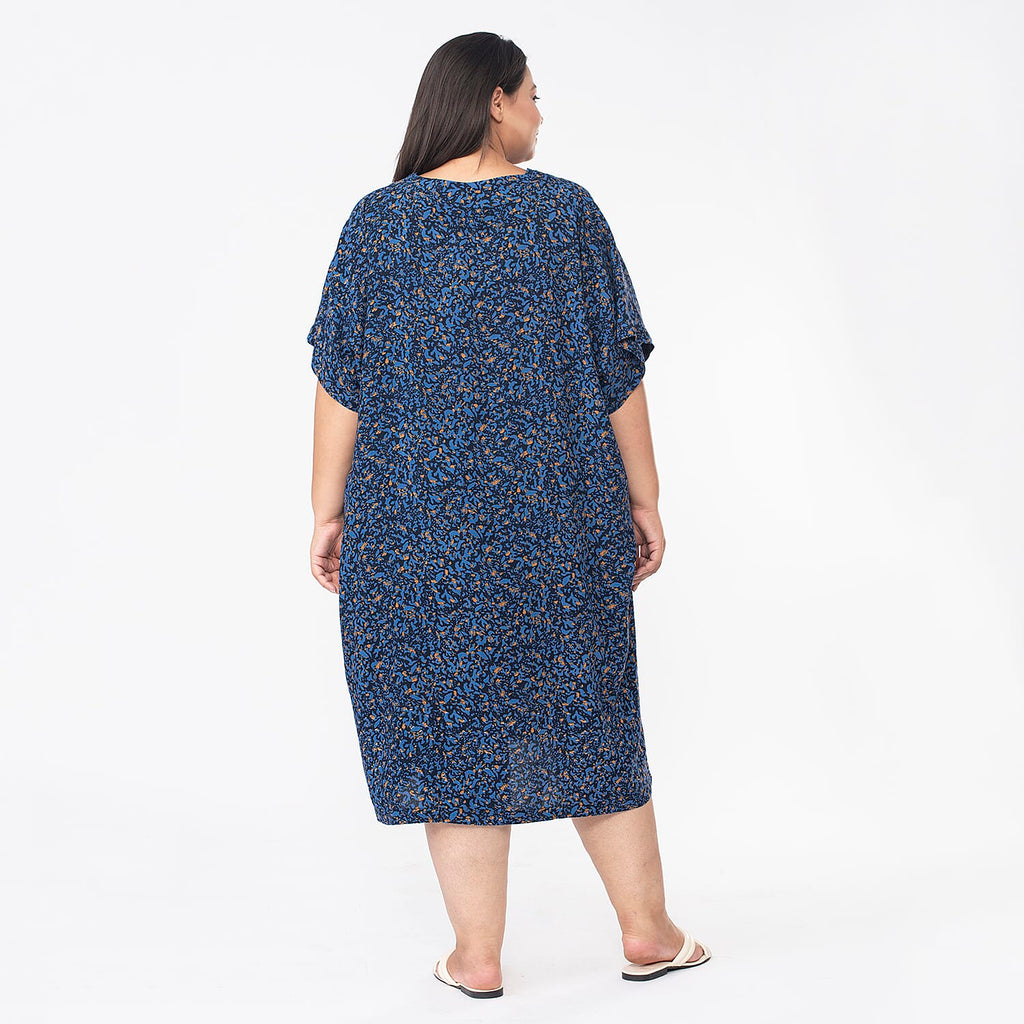 Tamsy V Neck 100% Viscose Kaftan Midi Dress (Curve Size 20-26) - Navy