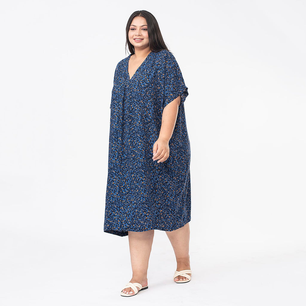 Tamsy V Neck 100% Viscose Kaftan Midi Dress (Curve Size 20-26) - Navy