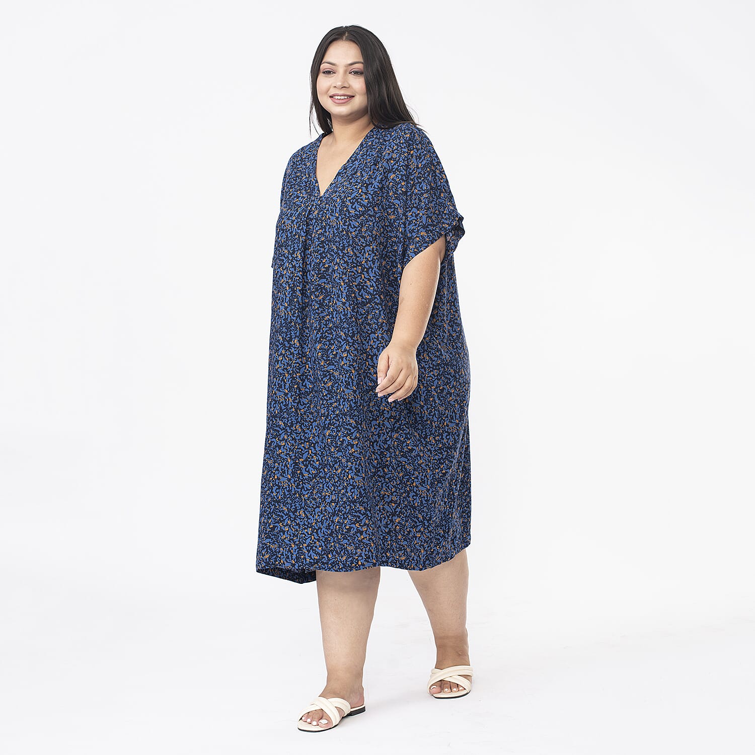 Tamsy V Neck 100% Viscose Kaftan Midi Dress (Curve Size 20-26) - Navy