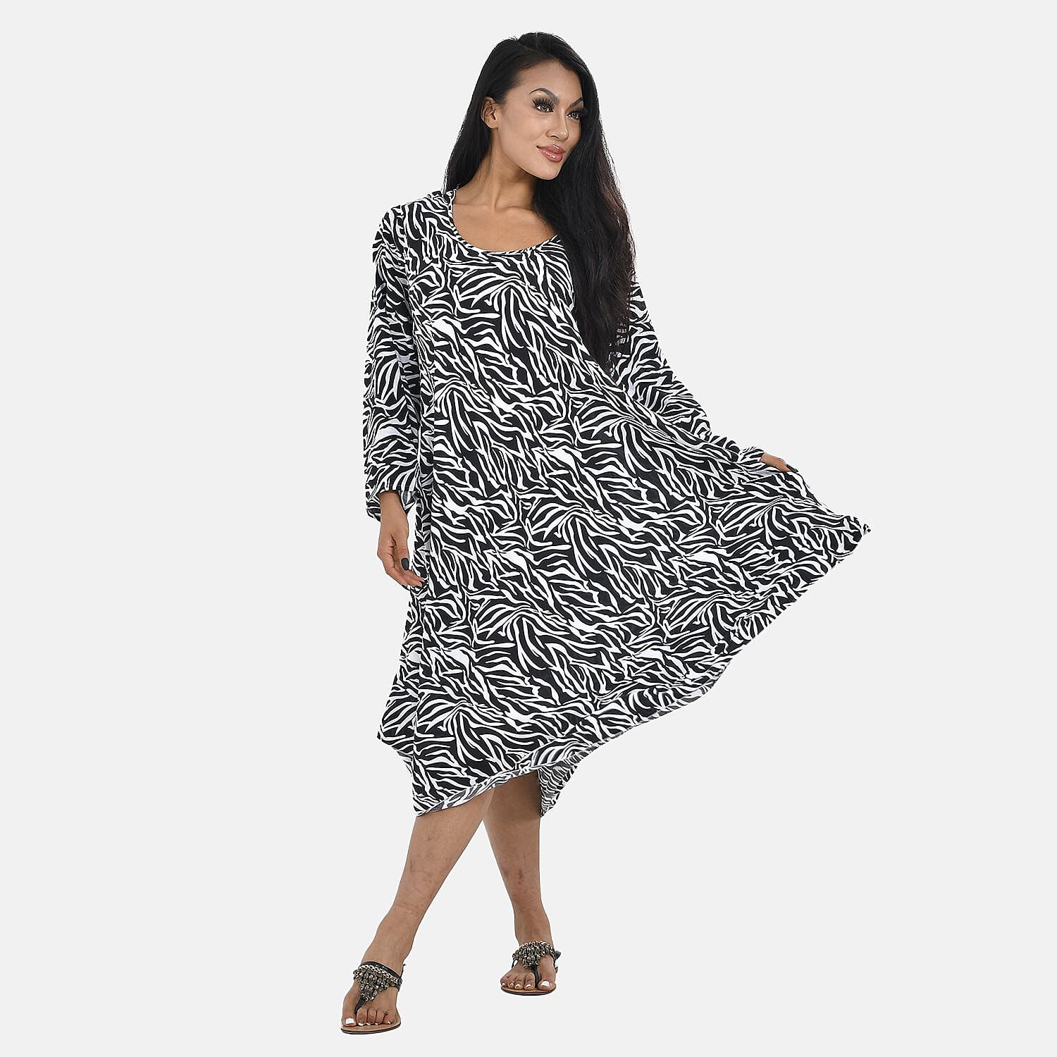 Tamsy 100% Viscose Blade Pattern Midi Dress (One Size,8- 18) - Black