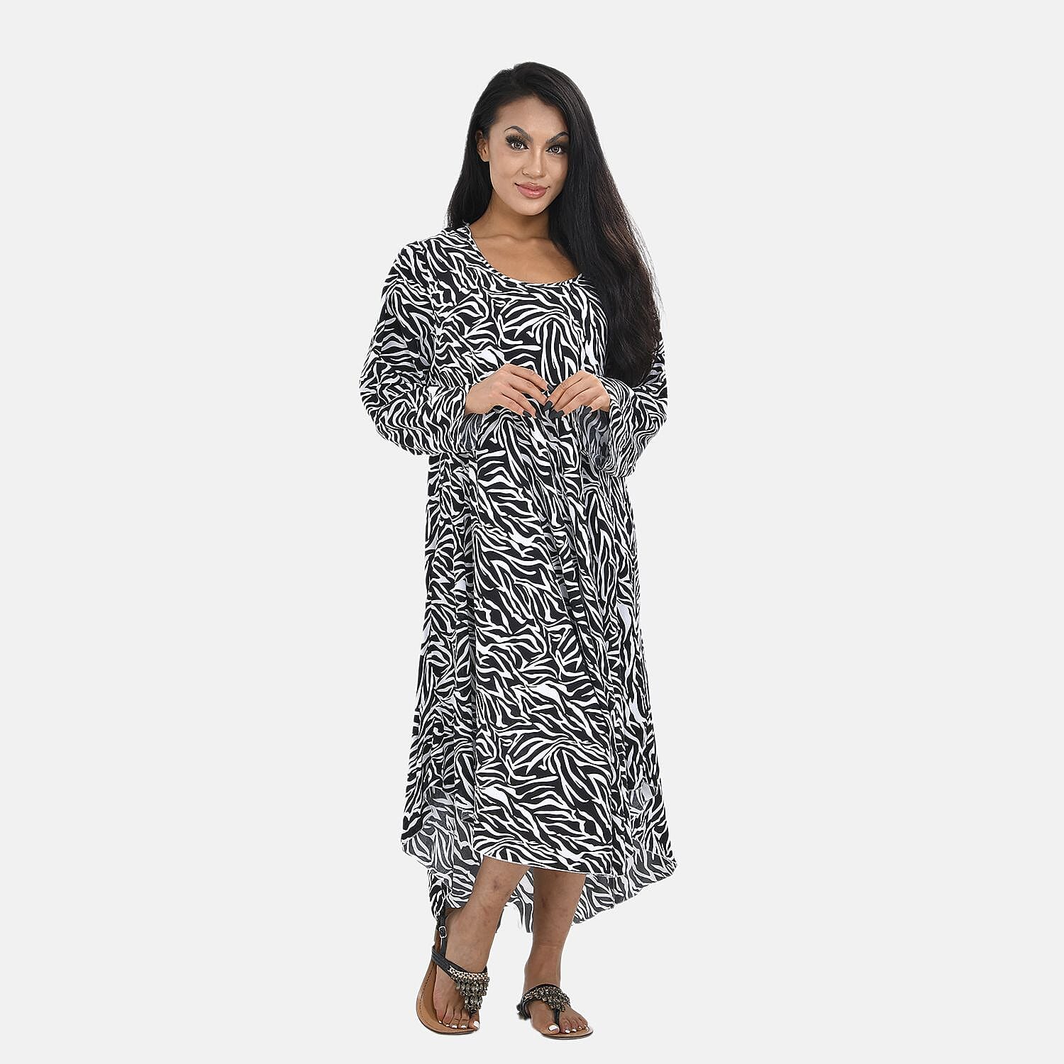 Tamsy 100% Viscose Blade Pattern Midi Dress (One Size,8- 18) - Black