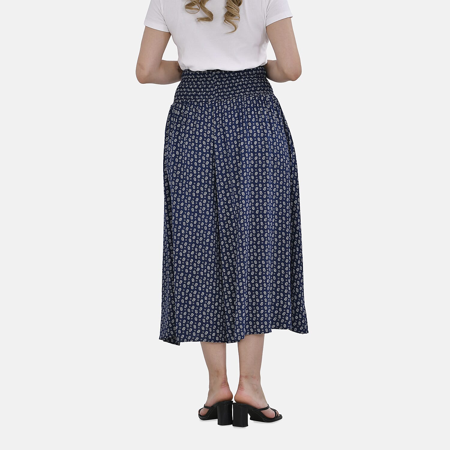 TAMSY 100% Viscose Daisy Smocked Waist Culotte (One Size) - Blue