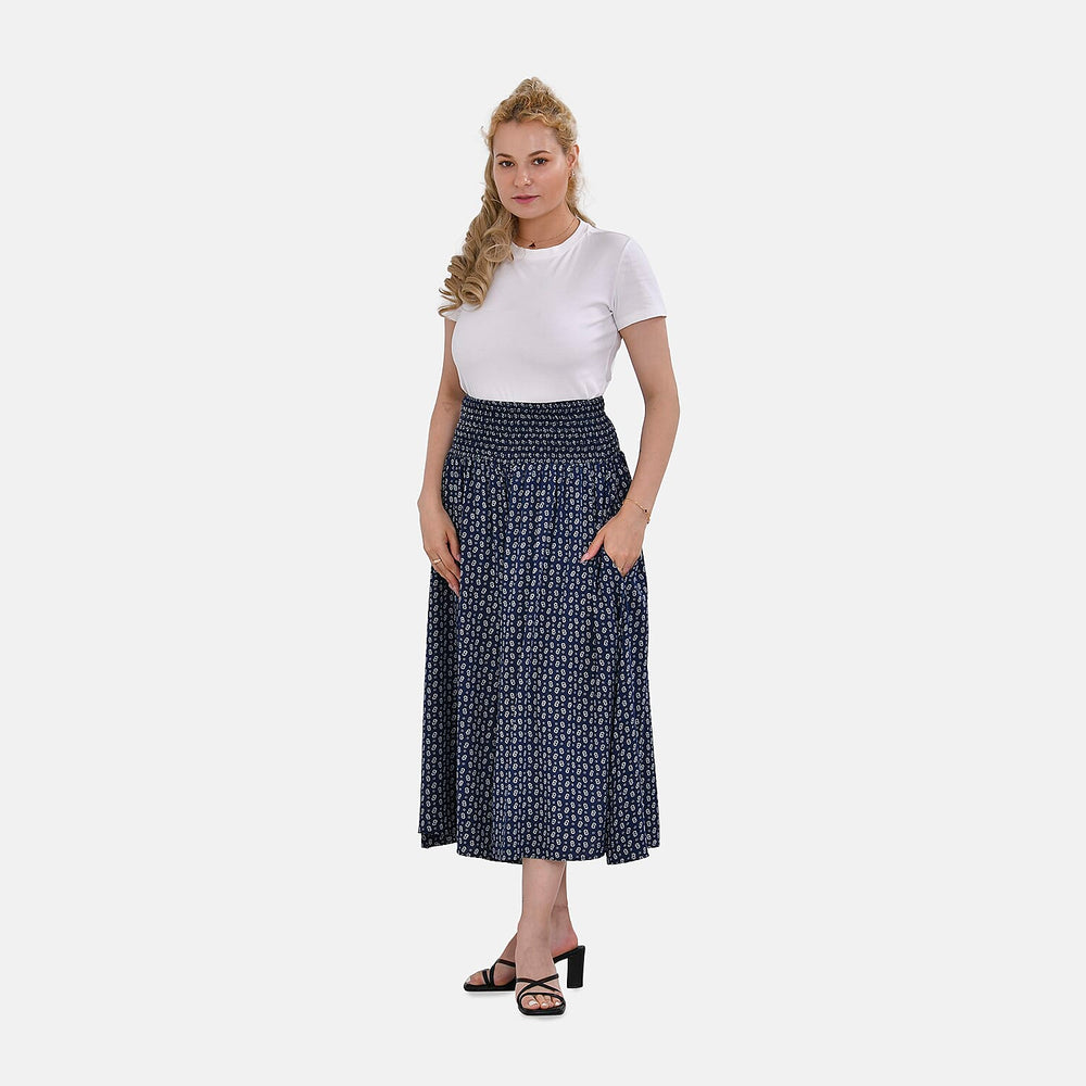 TAMSY 100% Viscose Daisy Smocked Waist Culotte (One Size Curve) - Blue