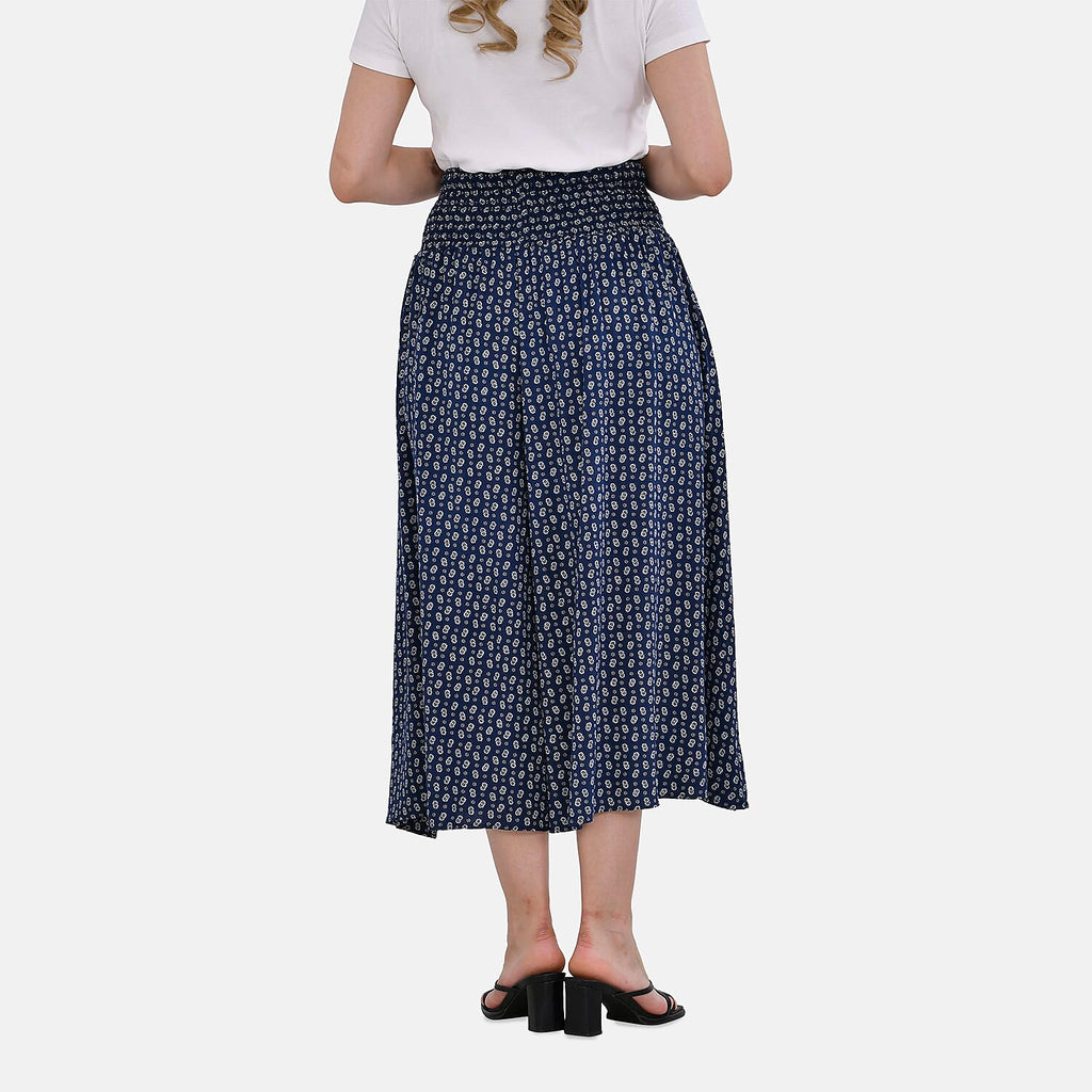 TAMSY 100% Viscose Daisy Smocked Waist Culotte (One Size Curve) - Blue