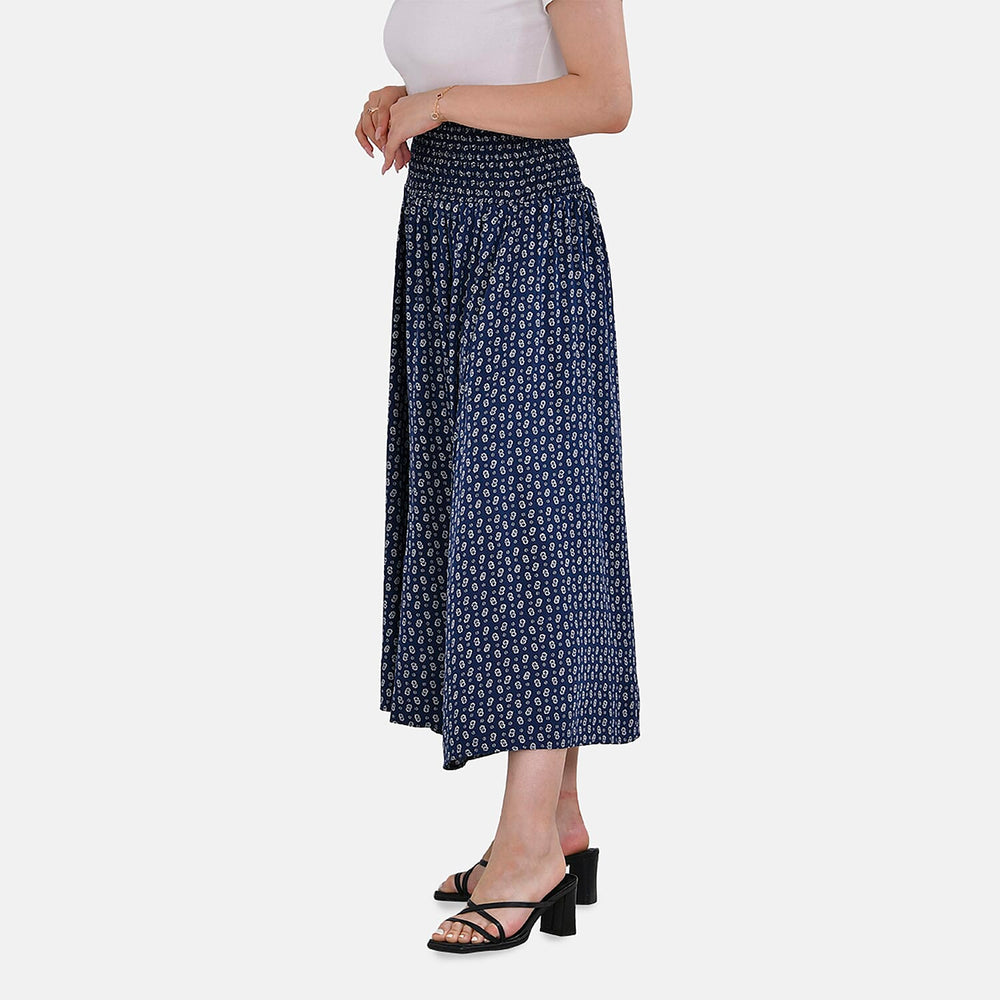 TAMSY 100% Viscose Daisy Smocked Waist Culotte (One Size Curve) - Blue
