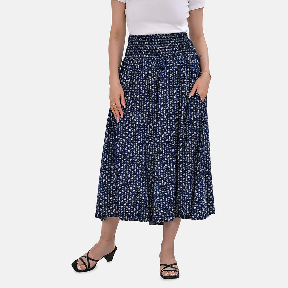 TAMSY 100% Viscose Daisy Smocked Waist Culotte (One Size Curve) - Blue